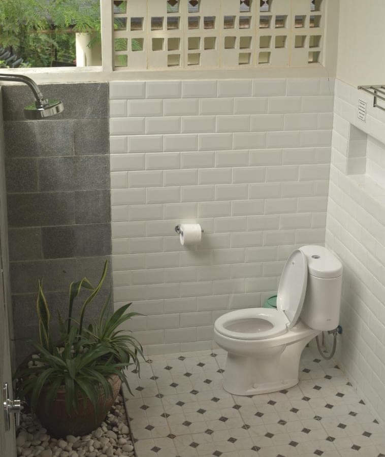 a bathroom with a toilet and a potted plant at Graha Ayoe Resort in Sidemen