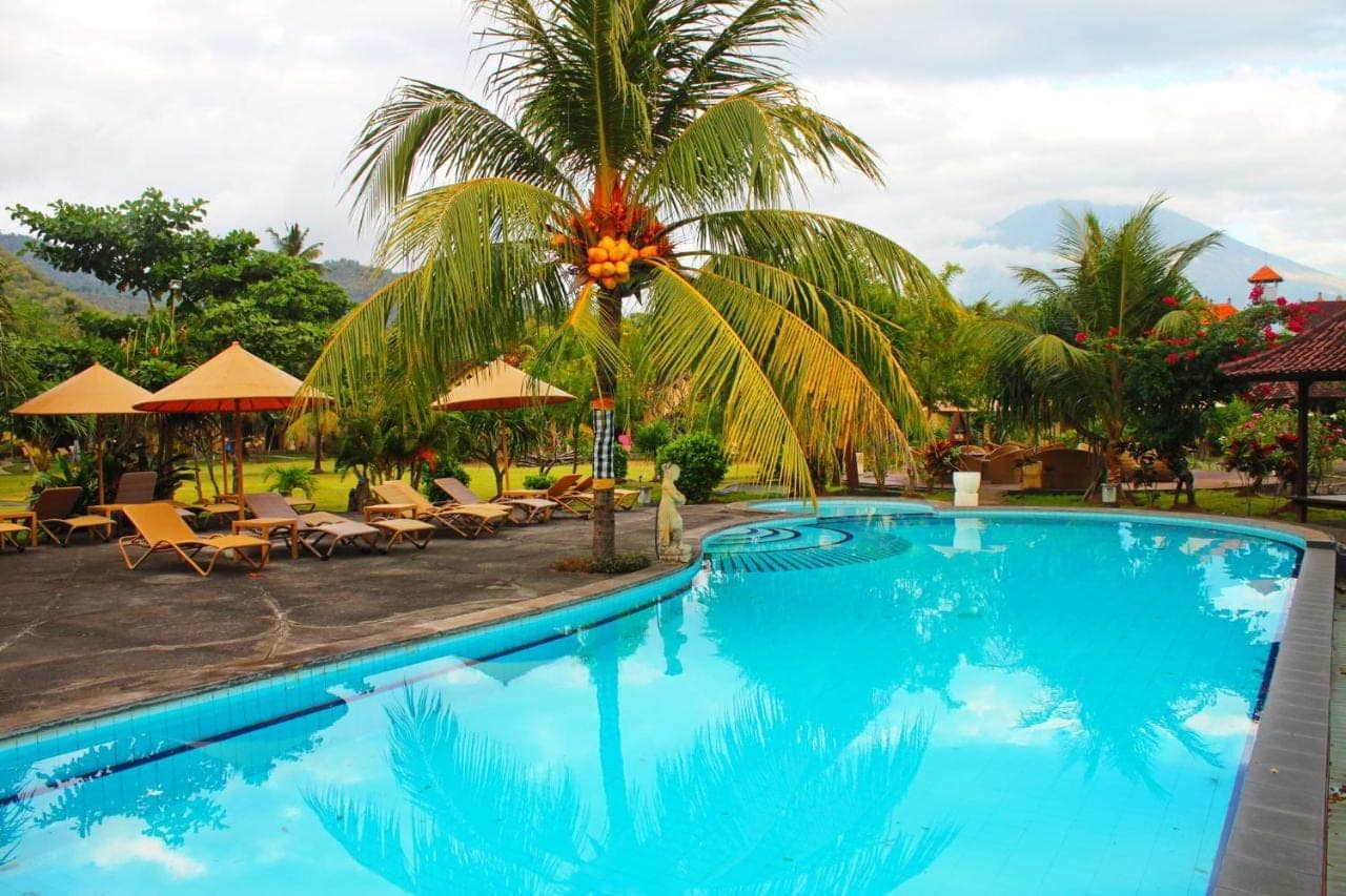 a pool at a resort with a palm tree and chairs at Hotel Uyah Amed Spa Resort in Amed