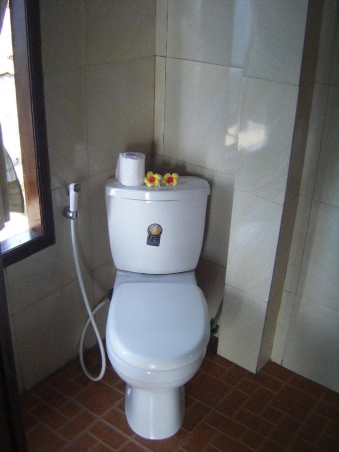 a white toilet in a bathroom with a hose at Bubu Racok Homestay in Amed