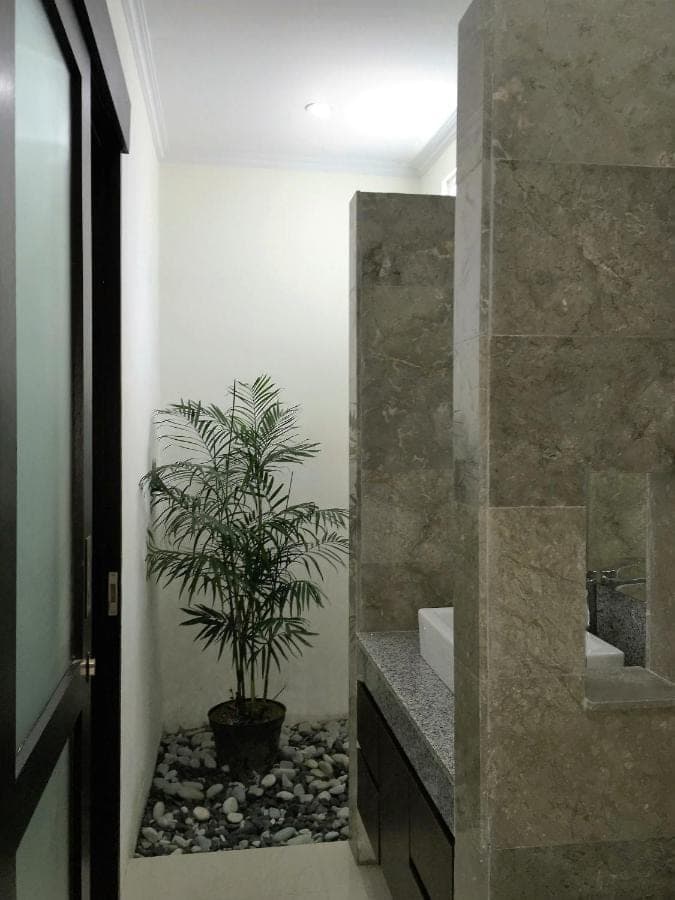 a bathroom with a potted plant next to a mirror at Indah Homestay in Seminyak
