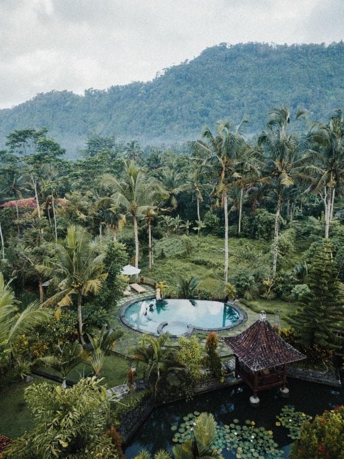 an aerial view of a resort with a swimming pool at Griya Valud in Sidemen