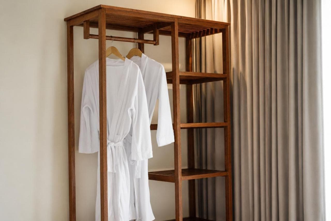 a wooden shelf with white clothes on it next to a curtain at SARALA sidemen in Sidemen