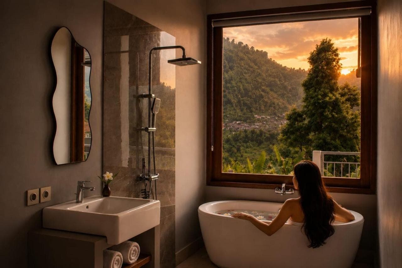 a woman sitting in a bath tub in a bathroom with a window at SARALA sidemen in Sidemen