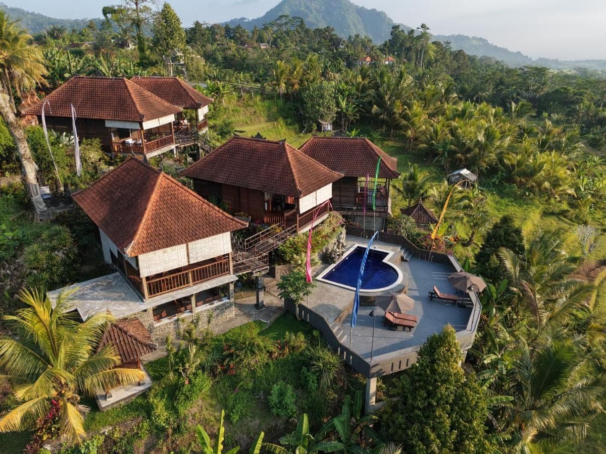 an aerial view of a house with a swimming pool at Beji Ayu Villas Sidemen in Sidemen