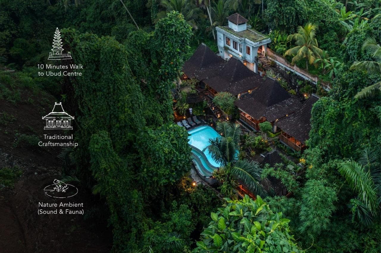 an aerial view of a house in the jungle at Parvati Retreat Villas in Ubud
