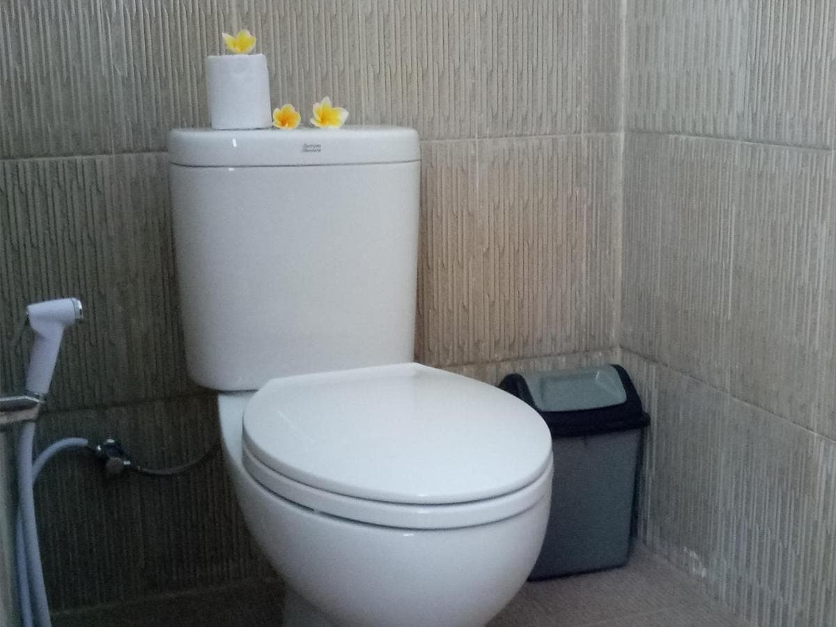 a white toilet with a roll of toilet paper on top of it at Minory Guesthouse in Amed