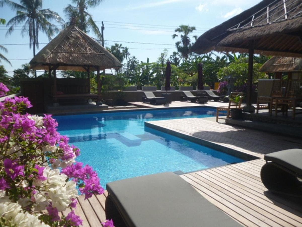 a swimming pool with chairs and some purple flowers at Le Jardin in Amed