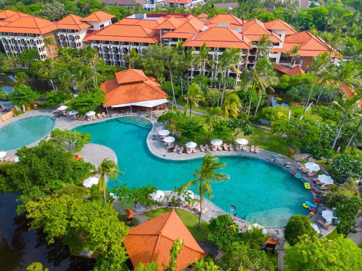 an aerial view of a resort with a swimming pool at Ayodya Resort Bali in Nusa Dua