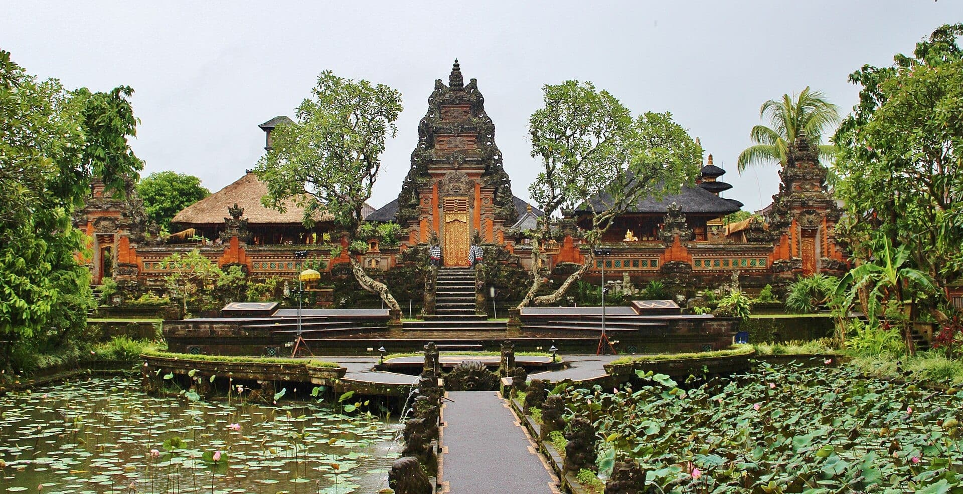 Panoramic view of Saraswati Temple in downtown Ubud, Bali