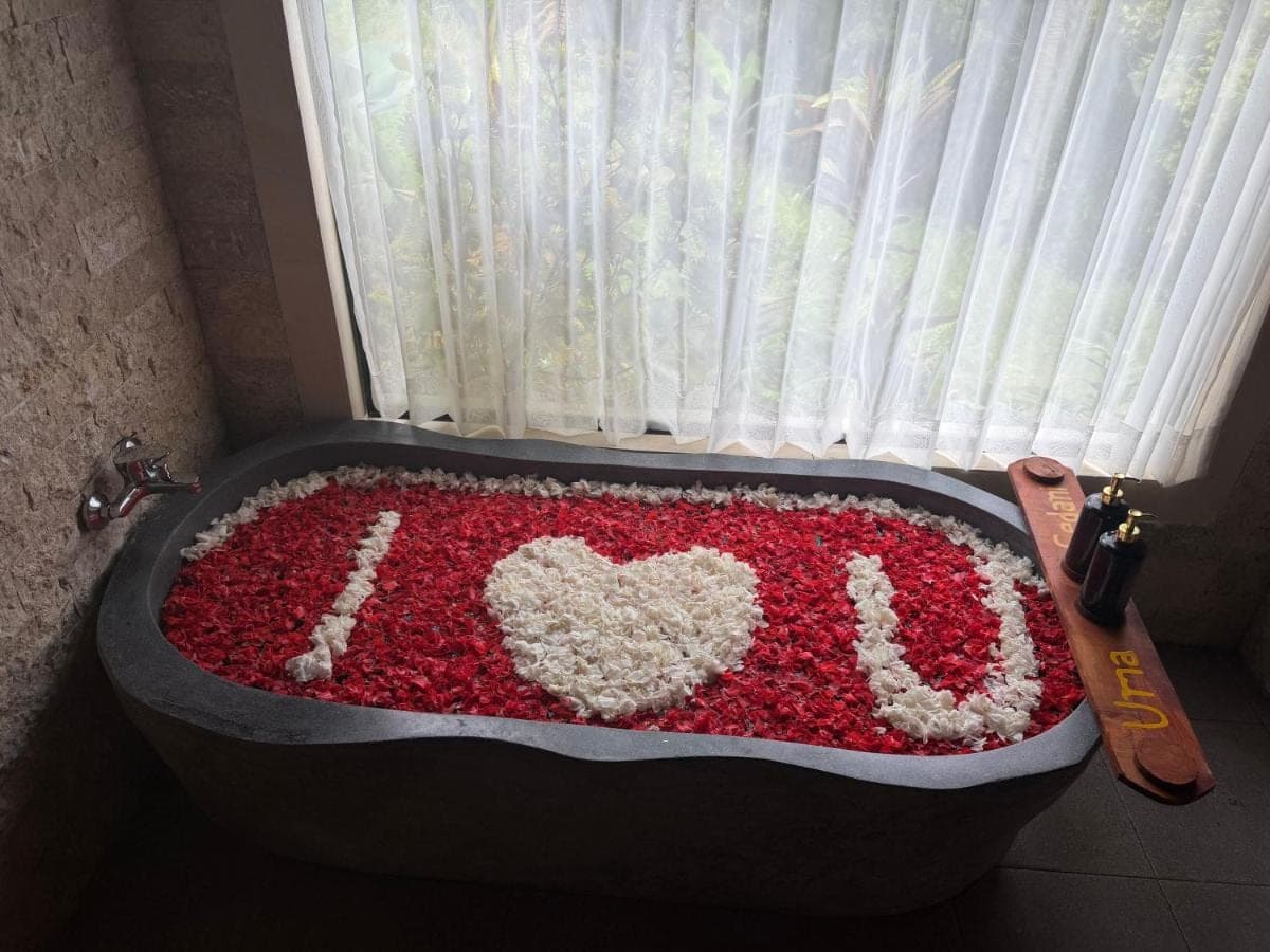 a heart blanket in a bath tub in a window at Villas Ume Sedani in Sidemen