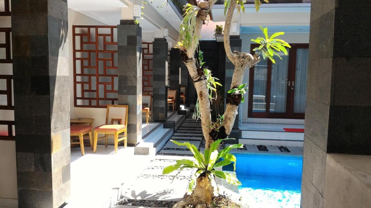a palm tree in a pool in a building at Nyaman Guest House in Sanur