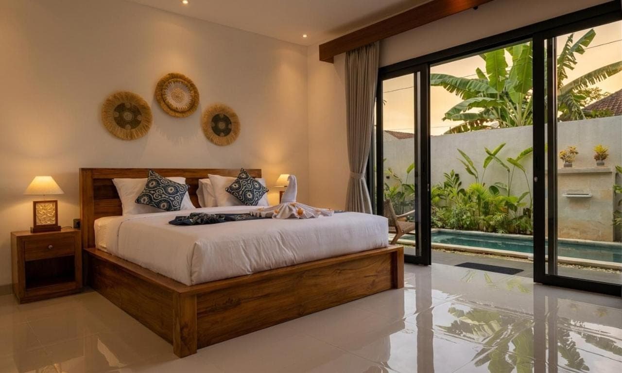 a bedroom with a bed and a large window at Umah Delod Ubud in Ubud
