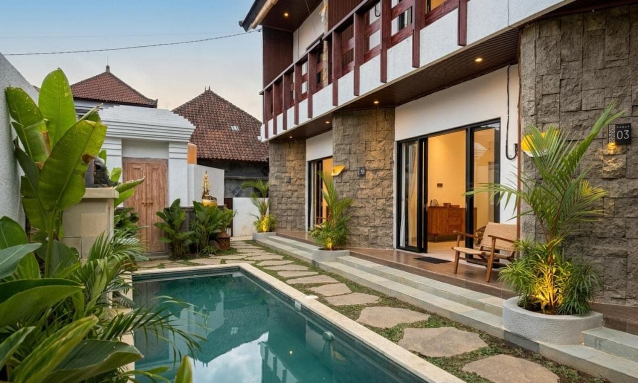 an image of a house with a swimming pool at Umah Delod Ubud in Ubud
