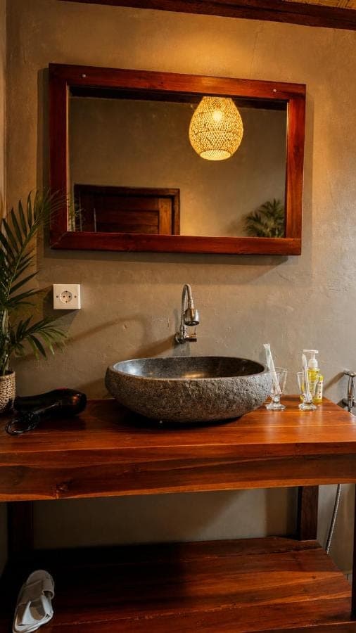 a bathroom with a stone sink and a mirror at Papahan Bali in Sidemen