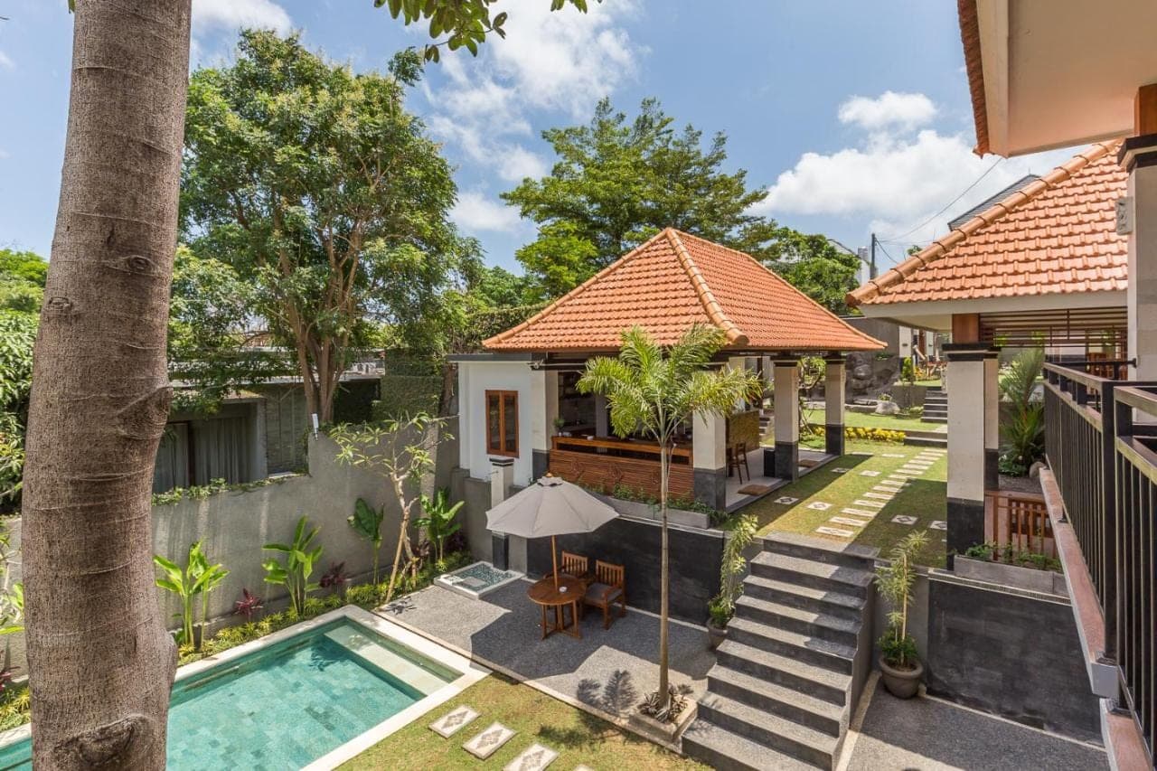 an aerial view of a villa with a swimming pool at Soki Villa in Canggu