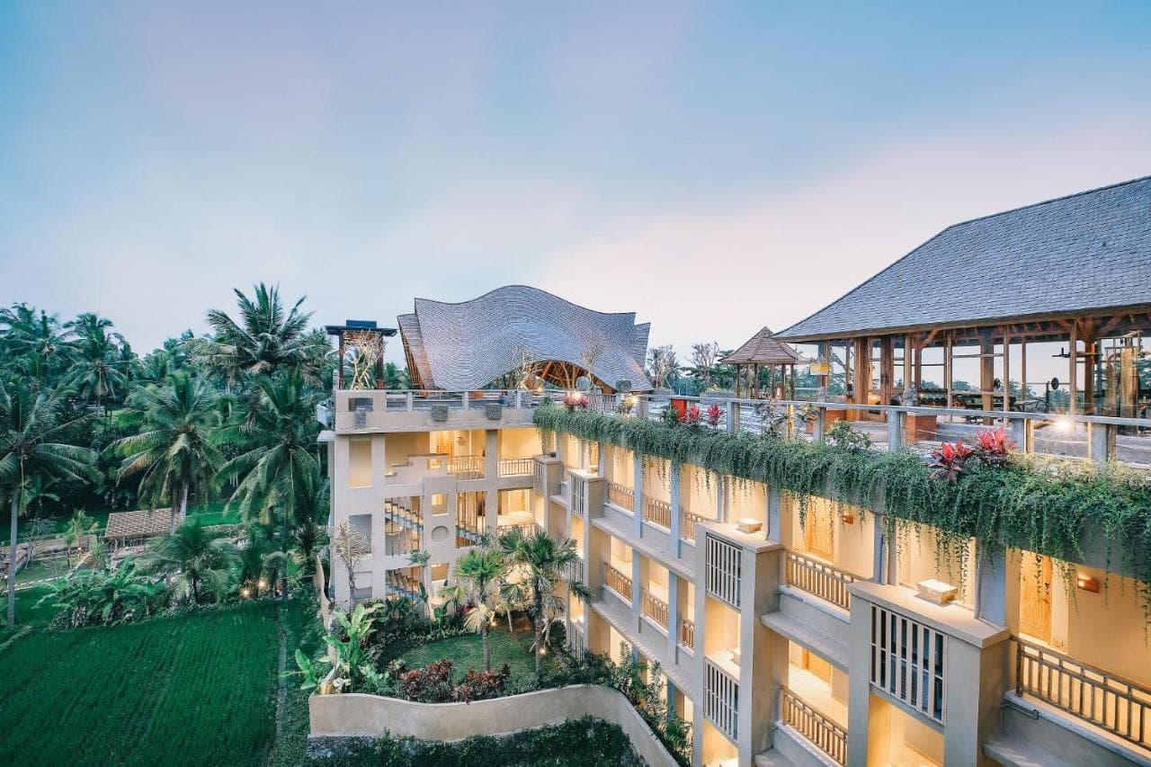 an aerial view of a building with a garden at Kuwarasan A Pramana Experience in Ubud
