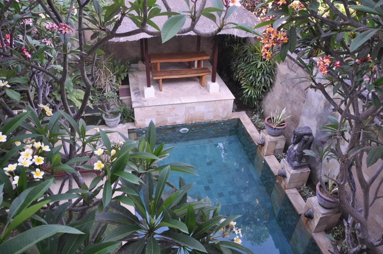 a small swimming pool with a chair in a garden at Ngetis Home Stay in Sanur