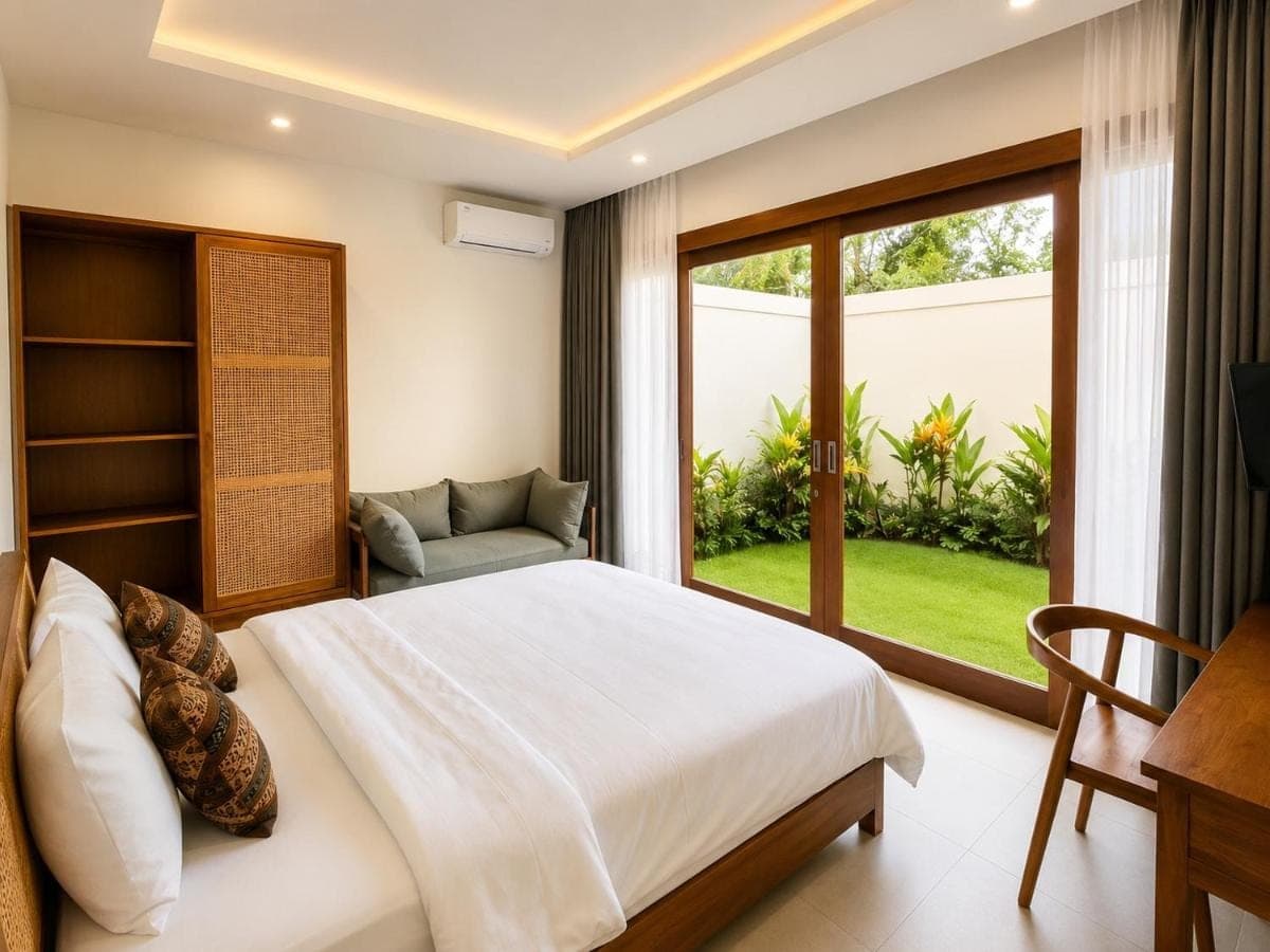 a bedroom with a large bed and a window at Mahayasa Hidden Retreats 1BR Garden Villa in Canggu