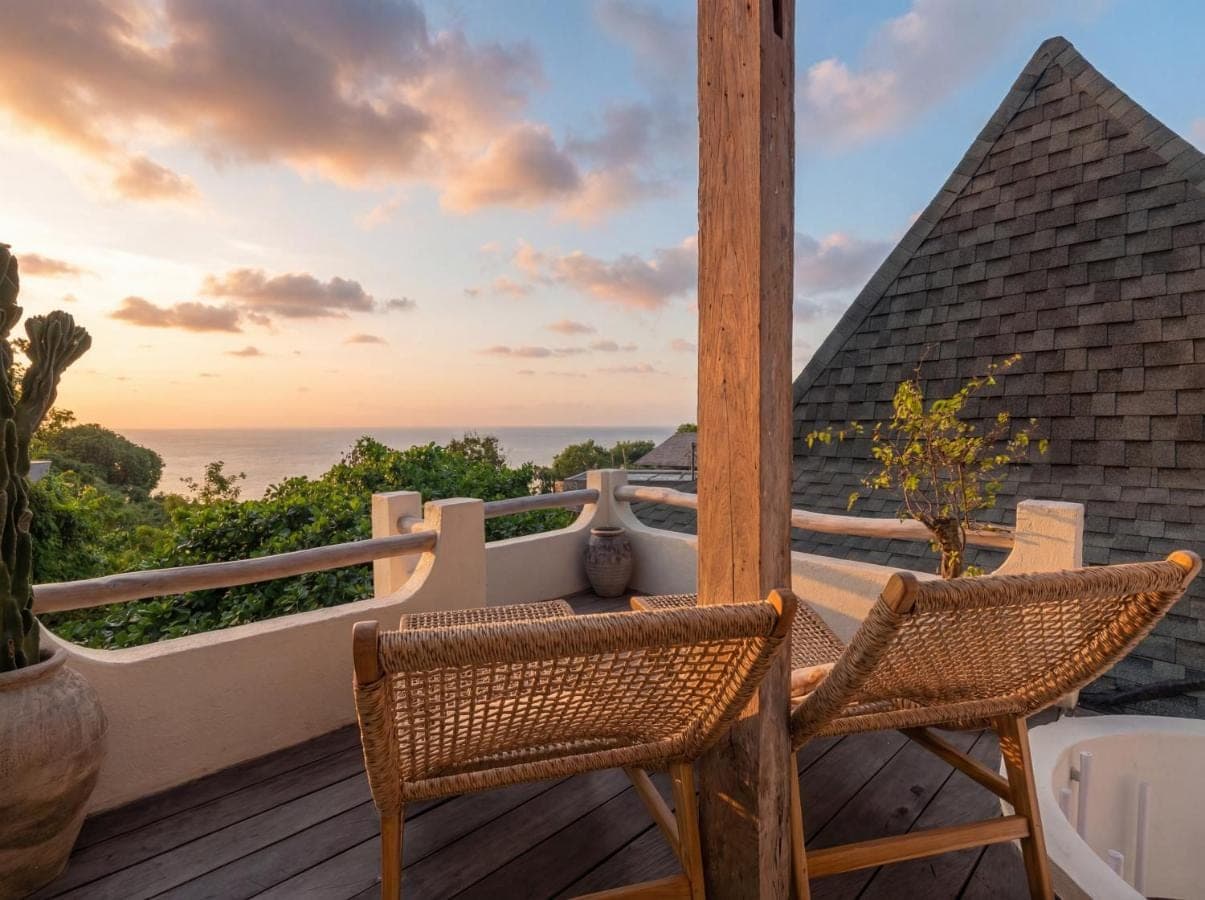 a balcony with two chairs and a view of the ocean at AMARA Ocean Living -Uluwatu Padang Padang in Uluwatu