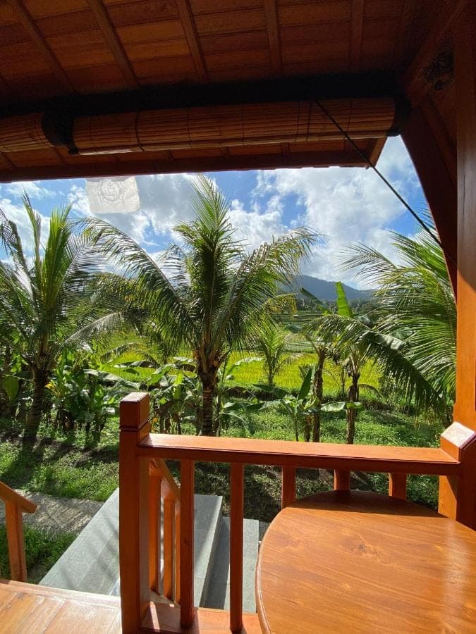 a balcony with a view of palm trees at Lumbung Umaluah Villa in Sidemen