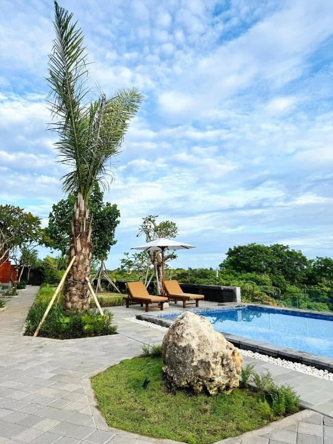 a swimming pool with a palm tree and a rock at South Hill Pandawa in Nusa Dua
