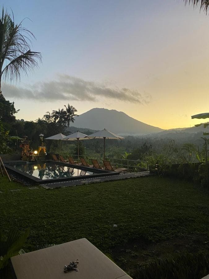 a pool with umbrellas and a view of a mountain at Villa Lumbung Ayu Sari & Spa in Sidemen