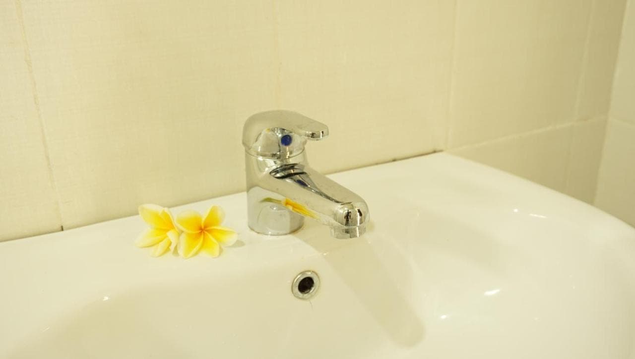 a sink with a faucet with a flower on it at Lala Home Stay in Nusa Dua