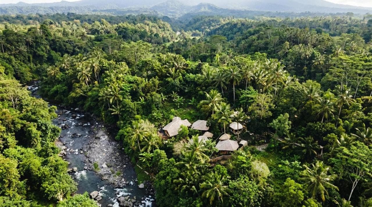 an aerial view of a jungle with trees and a river at Atamendra Bali Resort at Sidemen in Sidemen