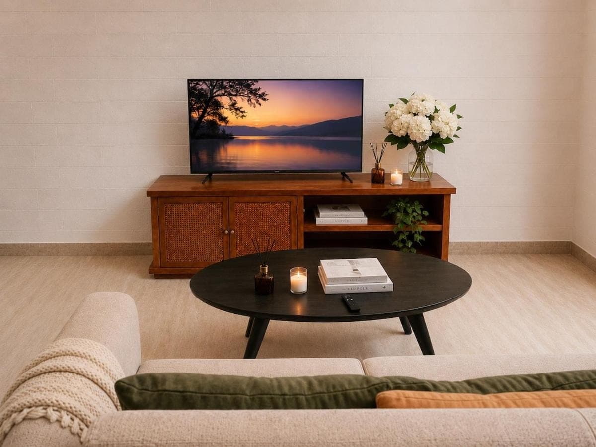 a living room with a tv and a coffee table at Nusa Dua Oasis Elara 2BR Private Pool Villa in Nusa Dua