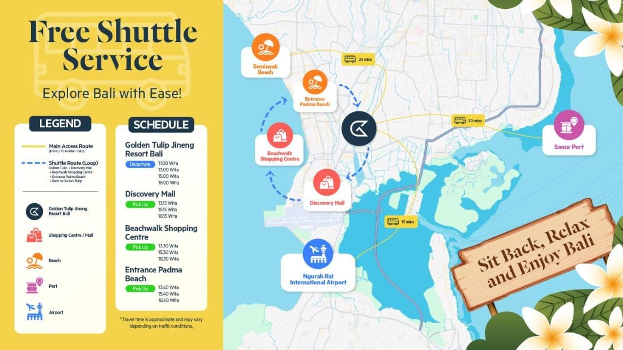 a map of the free shuttle shuttle service at Golden Tulip Jineng Resort Bali in Kuta