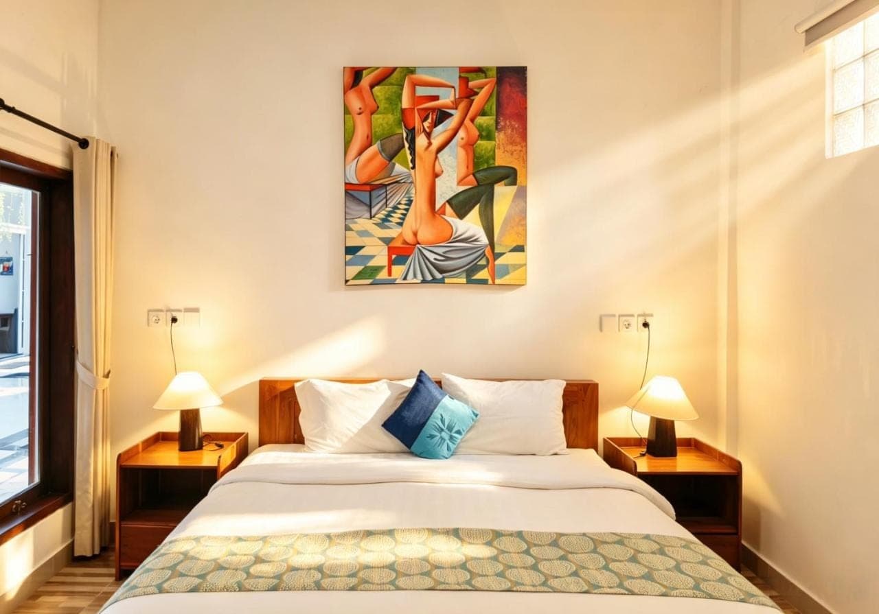 a bedroom with a bed and a painting on the wall at Brady's B&B Close To Sanur Beach in Sanur