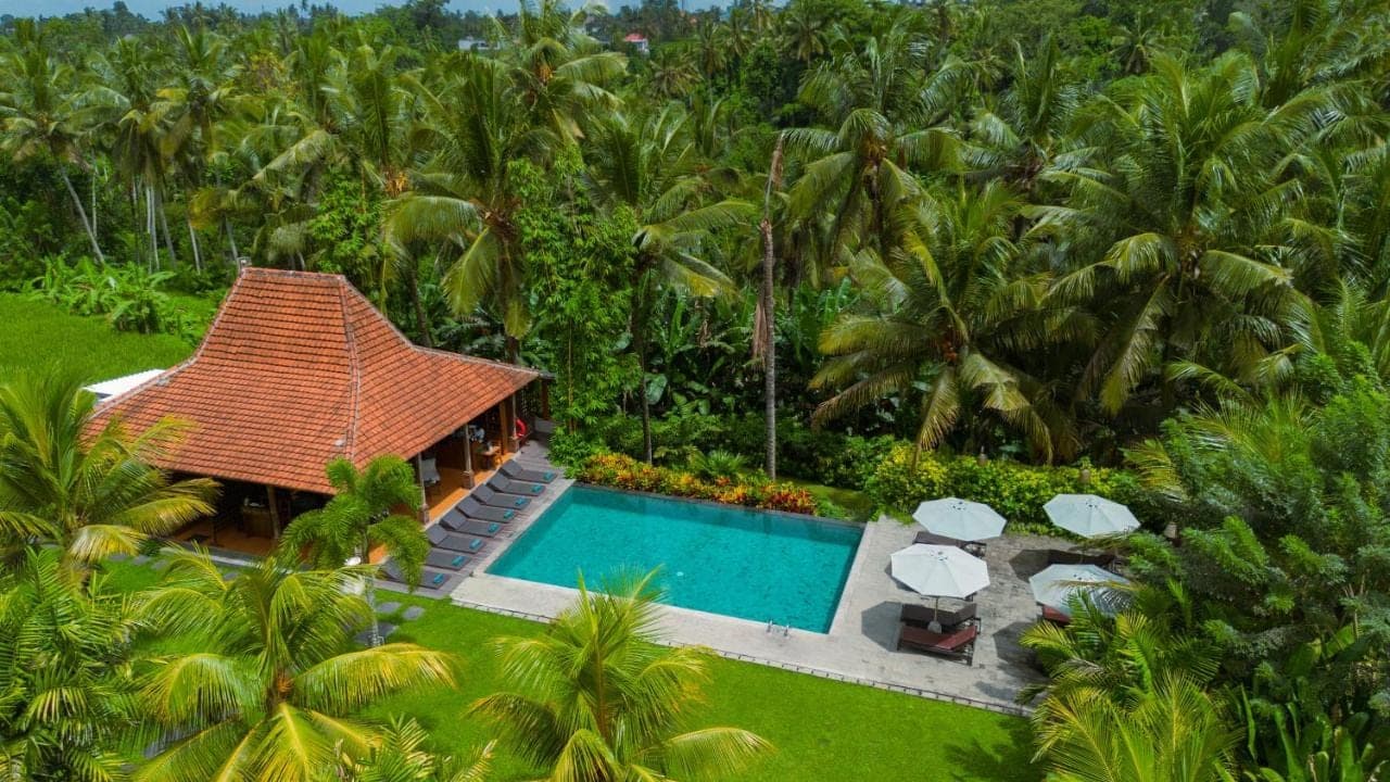an aerial view of a resort with a swimming pool at Pertiwi Bisma Ubud in Ubud