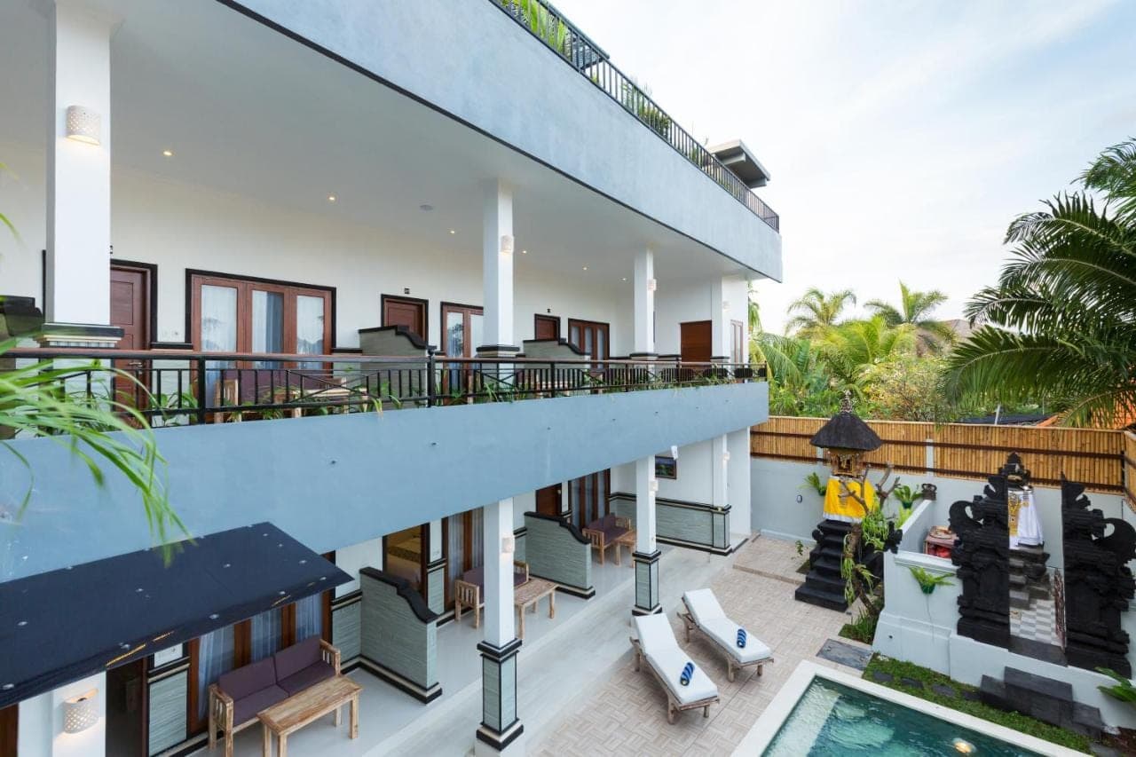 an aerial view of a house with a swimming pool at Amerta Seminyak in Seminyak