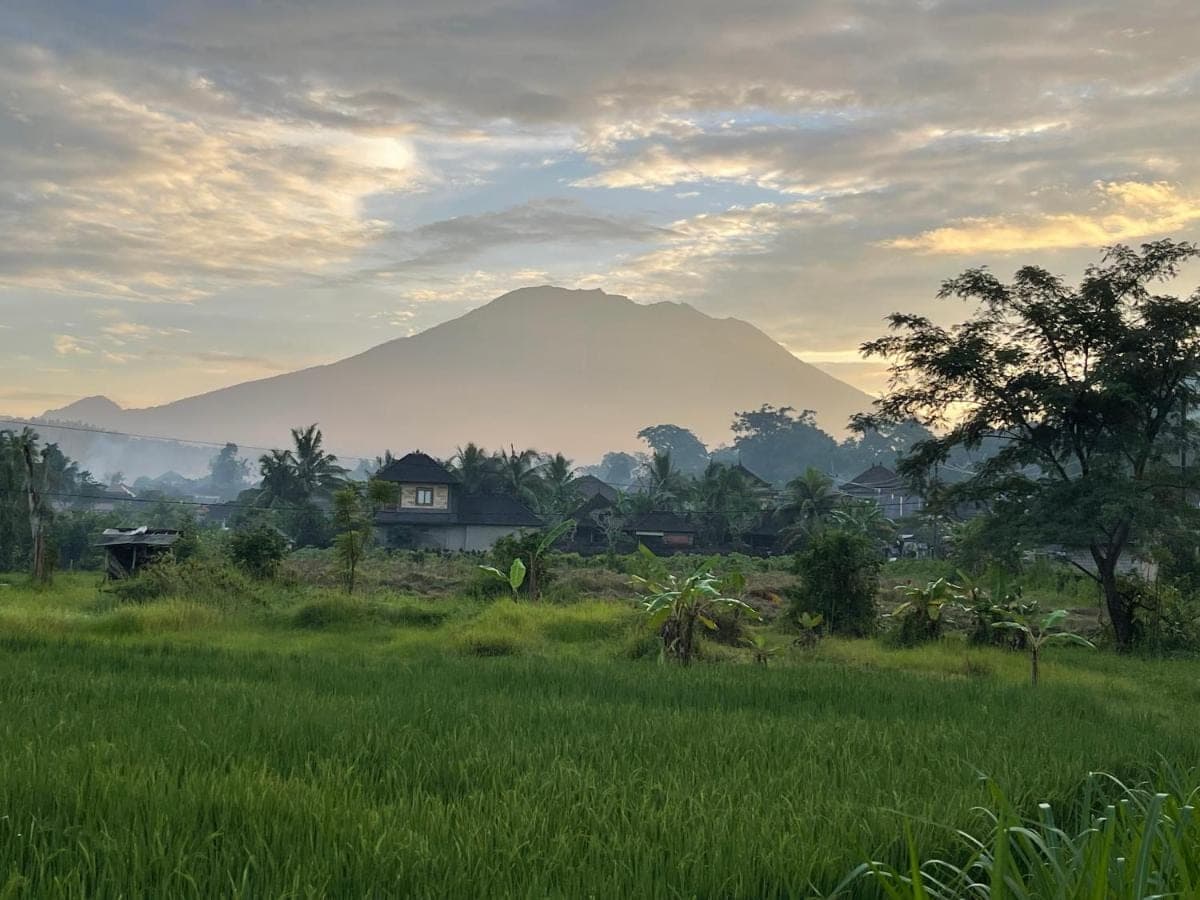 a house in a field with a mountain in the background at Pondok Indah Homestay in Sidemen