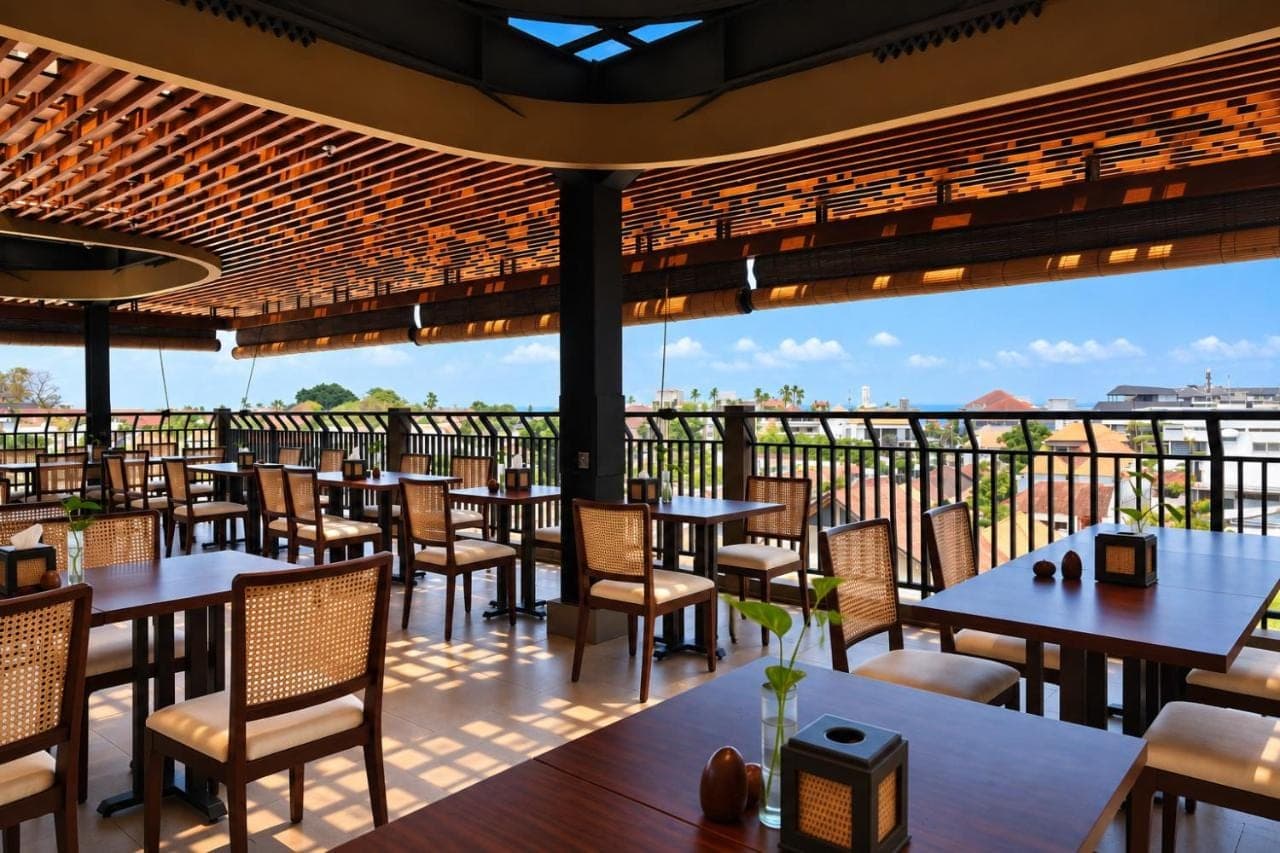 a restaurant with tables and chairs on a balcony at Metland Seva Seminyak - Formerly Horison Ultima Seminyak in Seminyak