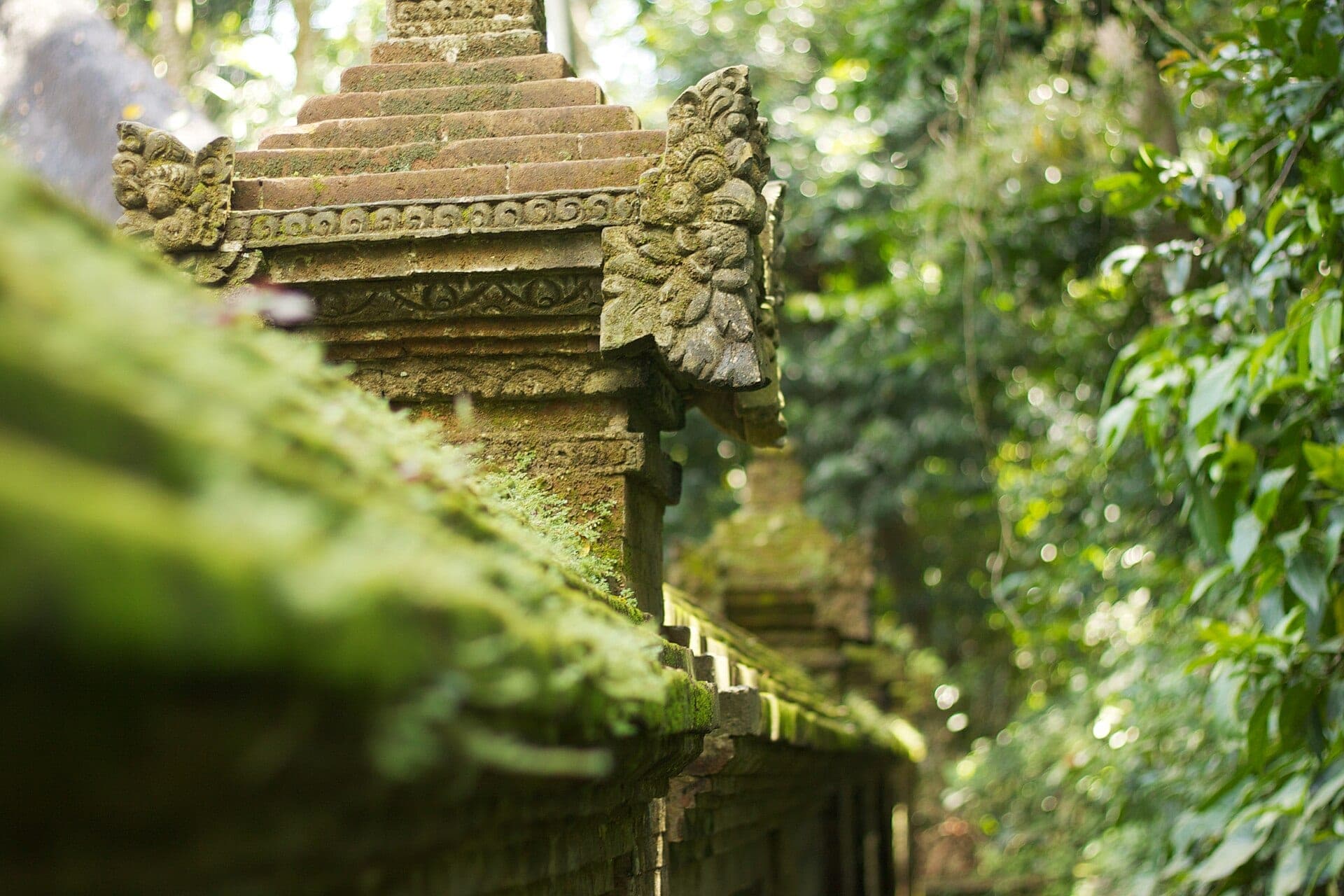 Temple in lush forest setting, mysteriously magical atmosphere
