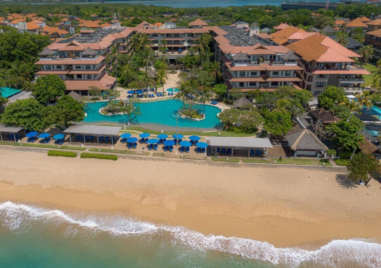 an aerial view of the resort from the beach at Hotel Nikko Bali Benoa Beach in Nusa Dua