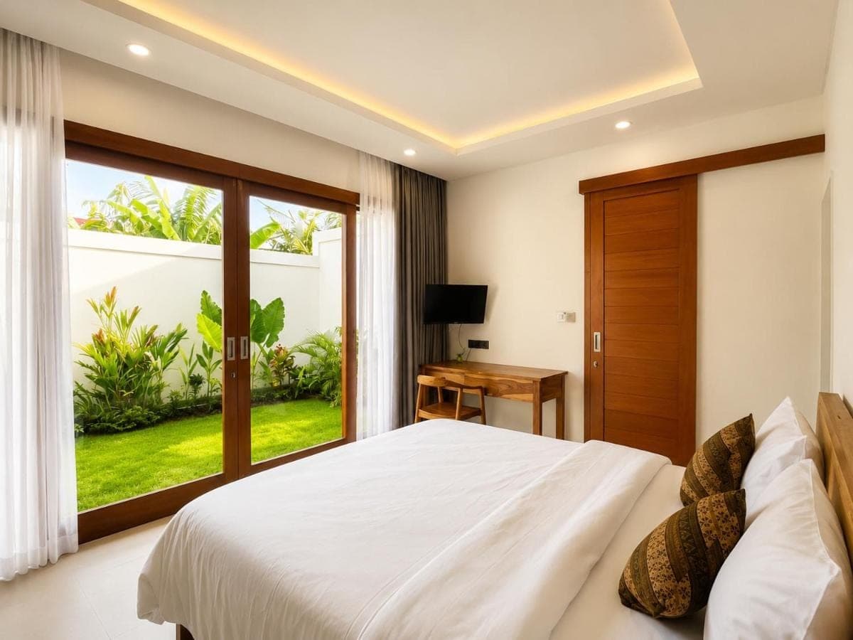 a bedroom with a bed and a large window at Mahayasa Hidden Retreats 1BR Garden Villa in Canggu